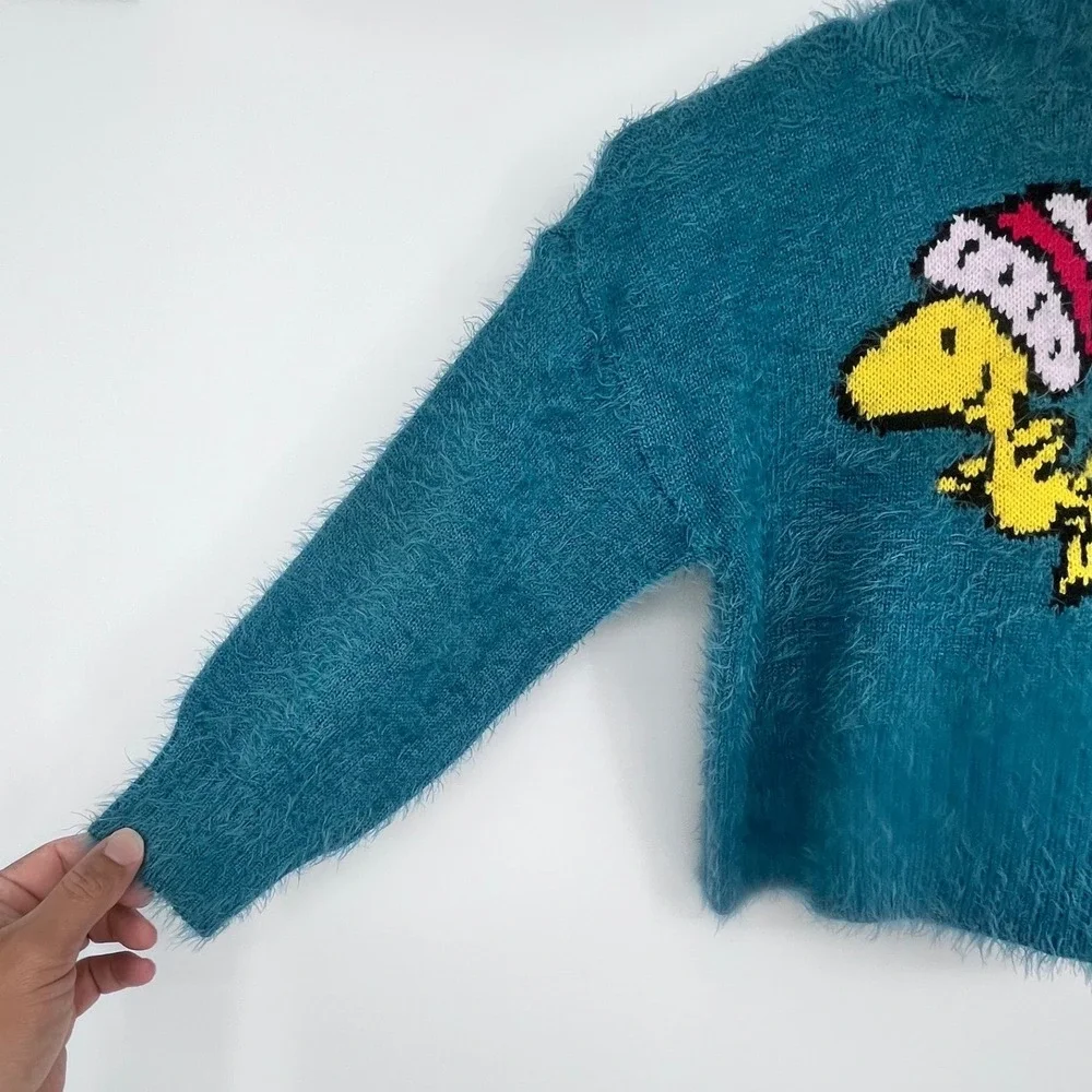 Justice Woodstock Peanuts Hoodie Sweater Girls XS 5/6 Sea Blue Fuzzy Holiday